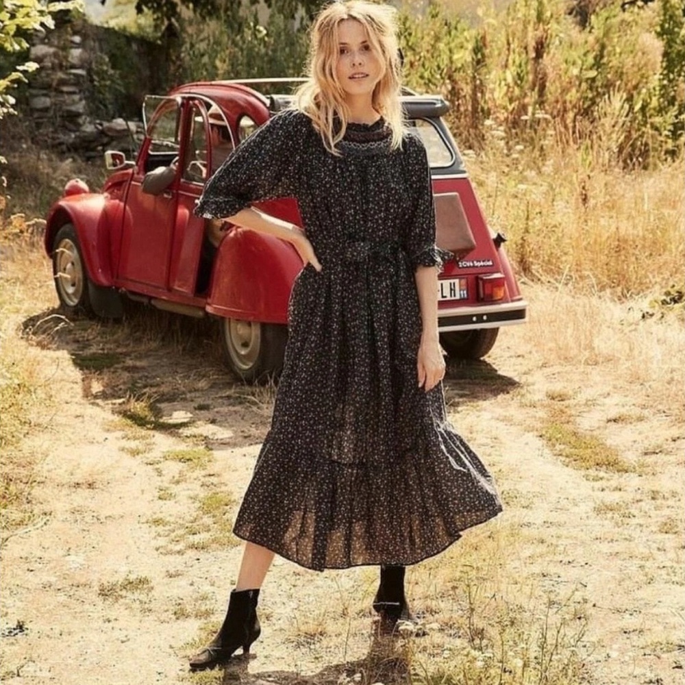 DOEN Whisper Midi Dress in Black Marfa Paisley Floral Size Small